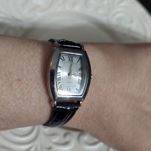 Silver/Black Leather Band Watch